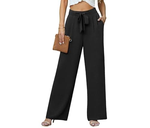 Lepunuo Casual Palazzo Pants Womens High Waisted Wide Leg Pants Work BusinessTie Knot Lounge Trousers Pants with Pockets A - Black - Image 1