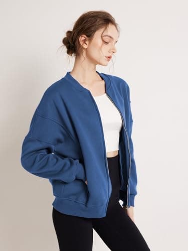 GEMLON Womens Zip Up Sweatshirts Jackets Long Sleeve Casual Loose Outwear with Pockets Blue XL - Thumbnail 3