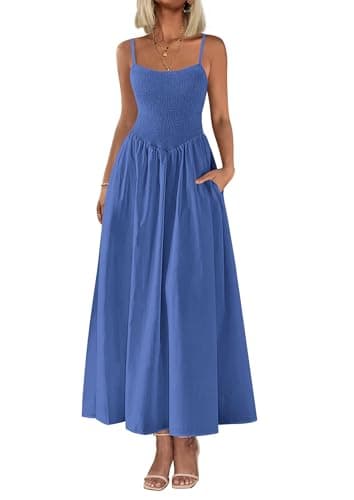 PRETTYGARDEN Women's Smocked Maxi Dresses 2026 Summer Sundress Casual Spaghetti Strap Swing A Line Long Flowy Beach Dress (Blue,X-Large) - Image 1