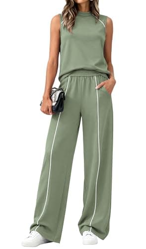 BTFBM Two Piece Sets for Women Summer Outfits 2026 Lounge Sets Mock Neck Tops Wide Leg Pants Travel Fashion Clothing(Sage Green, X-Large) - Image 1