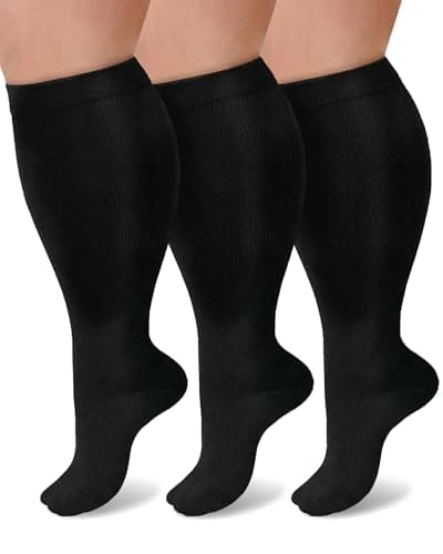 Wide Calf Plus Size Compression Socks for Women Men Knee High Socks for Nurses Flying Pregnant Sports, 15-20 mmHg, 3 Pairs - Image 1