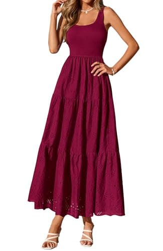 BTFBM Women Summer Eyelet Midi Dresses Casual Spring 2026 Sleeveless A Line Flowy Vacation Beach Wedding Guest Sun Dress(Dark Red, X-Large) - Image 1