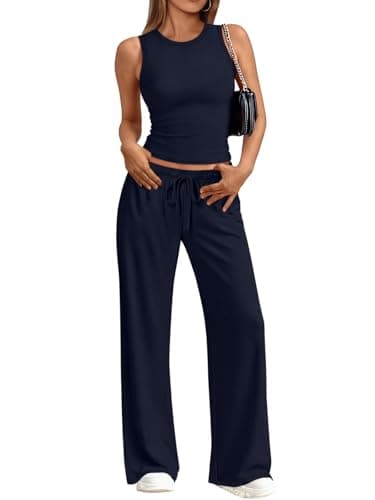 Trendy Queen Women's 2 Piece Summer Lounge Sets Butter Soft Tank Top & High Waisted Wide Leg Pants with Pockets Navy M - Image 1