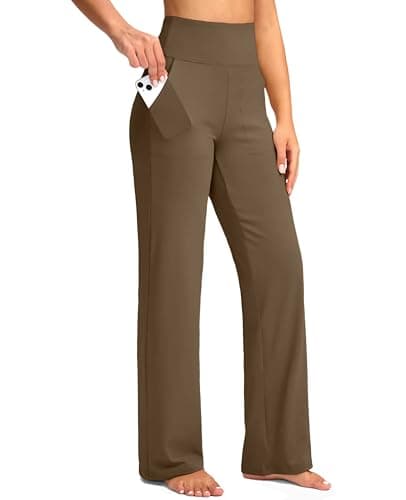 G Gradual Women's Yoga Pants Wide Leg with Pockets High Waist Stretch Loose Casual Lounge Sweatpants Petite/Regular/Tall (Brown, Inseam 32, M) - Image 1