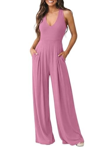 ANRABESS Jumpsuits for Women Summer Halter V Neck Backless Wide Leg Flowy Rib Causal Dressy Rompers 2026 One Piece Outfits Pink Large - Image 1