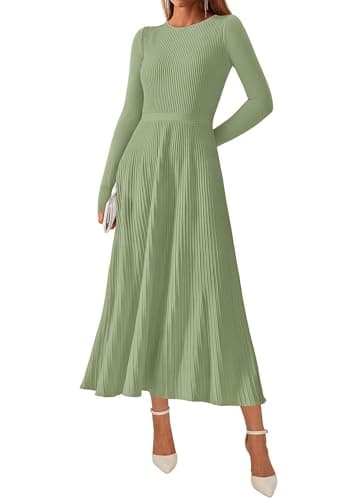 KIRUNDO Women Sweater Dress Holiday Ribbed Knit Long Sleeve Slimming Maxi Dress Fall Pleated Elegant A Line Winter Dresses(Light Green, X-Large) - Image 1