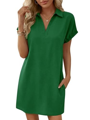 Wenrine Womens Summer Shirt Dress Casual Short Sleeve Collared V Neck Loose Beach Cover Up Shirts with Pockets Green - Image 1