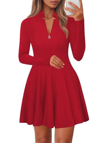 Lazysmile Fall Dresses for Women 2025 Long Sleeve V Neck Half Zip A Line Swing Casual Party Club Mini Short Dress Wine Red - Image 1