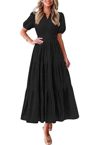 PRETTYGARDEN Womens Summer Maxi Dresses 2026 Casual Puff Sleeve V Neck Smocked Flowy Eyelet Cotton Dress Spring Sundress(Black,Small) - Image 1