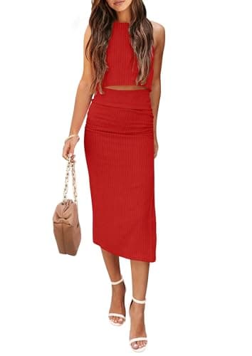 PRETTYGARDEN Women's 2 Piece Summer Outfits Crewneck Tank Tops Split Bodycon Midi Skirt Set (Red,X-Large) - Image 1