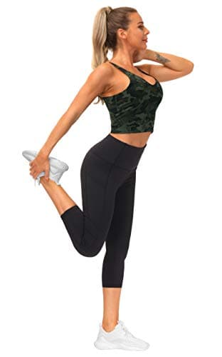 Women’s Longline Sports Bra Wirefree Padded Medium Support Yoga Bras Gym Running Workout Tank Tops Green Camo - Thumbnail 6