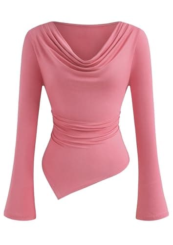 PRETTYGARDEN Womens Bell Long Sleeve Shirts Casual Cowl Neck Off Shoulder Asymmetrical Slim Fit Crop Tops Y2K Going Out Spring Clothes (Dark Pink,L) - Image 1