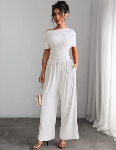 LOOKBOHO Womens Jumpsuit High Waist One Piece Jumpsuits Off the Shoulder Wide Leg Rompers Jumpsuits for Party Date Club - Thumbnail 2