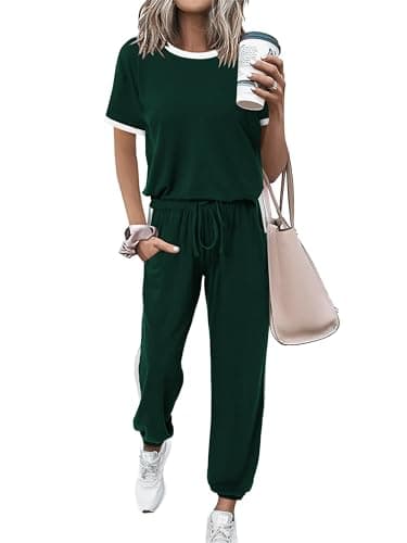 MASCOMODA Two Piece Sets for Women Summer 2026 Loungewear Jogger Set Spring Short Sleeve Tops Long Pants Casual Tracksuit Set(Dark Green,XX-Large) - Image 1