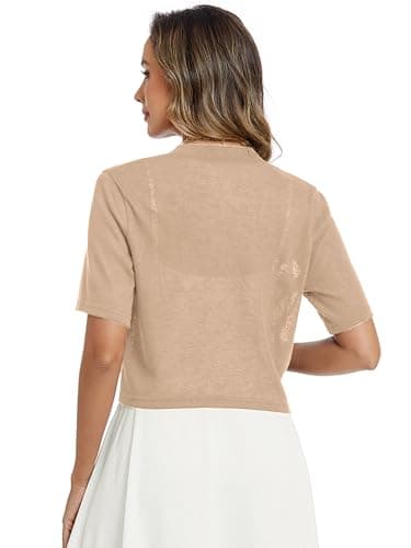 Heymoments Women's Thin Shrugs for Dresses Khaki Medium Open Front Short Sleeve Lightweight Coat Cropped Tops Shawls and Wraps Cardigan Dressy Clothes - Thumbnail 5