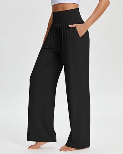 Stelle Women's Wide Leg Yoga Pants with Pockets High Waist Loose Sweatpants Comfy Casual Lounge Pants Black 28" Inseam Small - Thumbnail 2