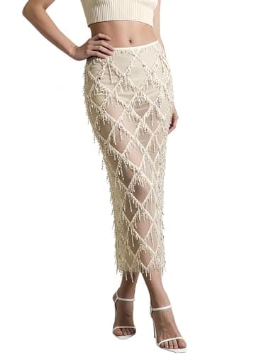 AXX Women's Sequin Fringe Midi Skirt - Sheer Mesh Sparkly Tassel Skirt with Side Slit, Elastic Waist Glitter Party Club (US, Alpha, XX-Large, Regular, Regular, Apricot) - Image 1