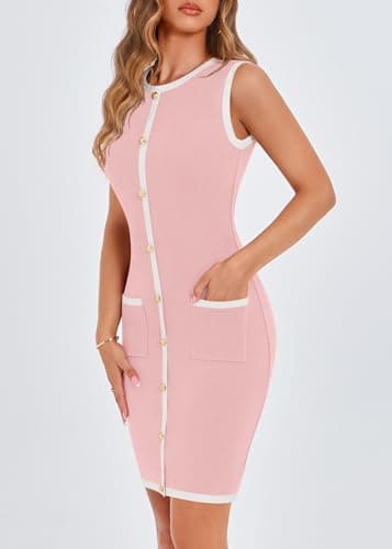 KIRUNDO Women's Work Business Casual Dress 2026 Summer Cocktail Semi Formal Office Elegant Classy Knit Color Block Dresses(Pink, XX-Large) - Thumbnail 6