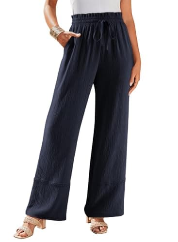 Dokotoo Womens Boho SummerPalazzo Casual Lace Leg Parachute Textured Pants Woman 2025 Dress Drawstrings Long Wide Leg Pants with Pockets,Navy Medium - Image 1