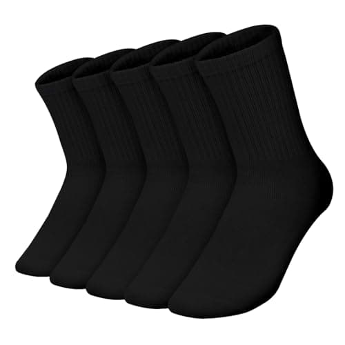 Kagcre Cotton Cushioned Crew Socks 5 Pairs, Women Men Athletic Casual Socks, Striped Retro Socks, Cozy Soft Moisture-Wicking Socks for Gym, Work, Everyday (Solid Black) - Image 1