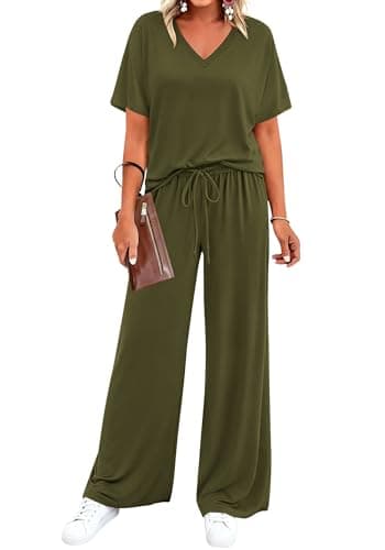 BTFBM 2 Piece Sets for Women Summer V Neck Short Sleeve Lounge Set Wide Leg Pants Matching Set Airport Travel Outfits(Army Green, X-Large) - Image 1