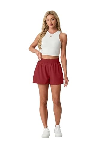 PrinStory Athletic Shorts for Women High Waisted 2 in 1 Running Quick Dry Gym Workout Shorts with Zipper Pockets Red-L - Thumbnail 5