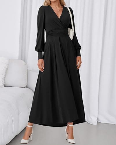 BTFBM Womens Long Sleeve Maxi Dress Fall 2025 Casual V Neck Knit A Line Flowy Pockets Elegant Party Wedding Guest Dresses(Black, Large) - Thumbnail 2