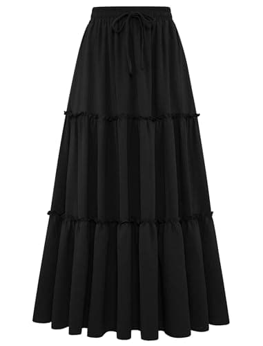 Arolina Women's Black Skirt 2026 Summer Casual Flowy A Line Maxi Skirts High Waisted Pleated Ruffle Tiered Long Skirts M - Image 1
