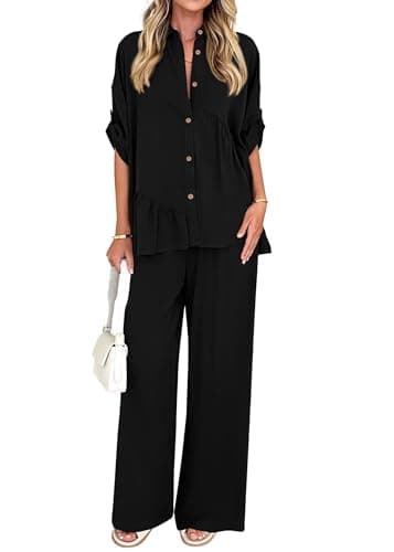 KIRUNDO Two Piece Sets for Women Spring Outfits 2026 Summer Dressy Casual Button Down Shirt Wide Leg Pants Lounge Set(Black, X-Large) - Image 1