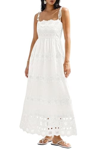 dowerme Womens Summer Maxi Dresses 2026 Casual Spaghetti Strap Smocked Eyelet Cotton Dress Long Beach Vacation Sundress(White,Small) - Image 1