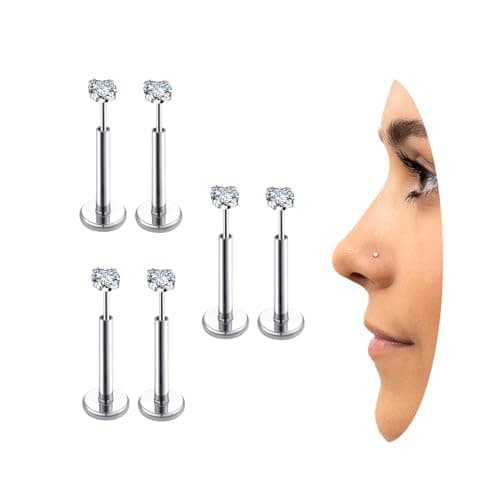 COTATI 18g Nose Stud Flat Back Studs Earrings Piercing Jewelry for Women,Surgical Steel Threadless Long Push Pin Labret Tragus Cartilage Lip Rings Stud (Silver,18G 2/2/2mm CZ) - Image 1