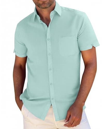 JEKAOYI Button Down Linen Shirts for Men Short Sleeves Cotton Casual Shirt with Pockets for Summer Beach Mint Blue - Image 1
