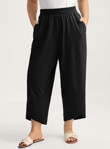 AlvaQ Womens Plus Size Fashion Wide Leg Pants Casual Loose High Waisted Lounge Palazzo Harem Trousers with Pockets Black 1X - Thumbnail 2