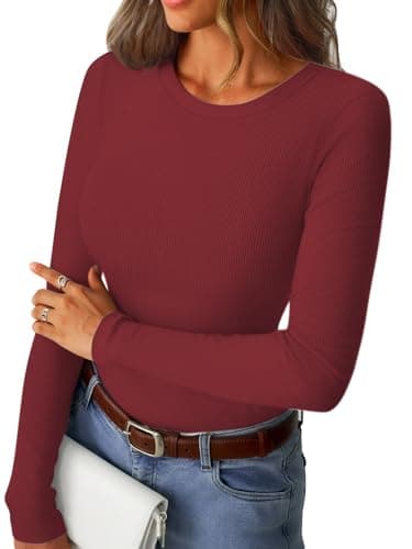 GKBK Ribbed Long Sleeve Tops for Women Fitted Basic Tight T-Shirts Crewneck Cute Layering Tops Lightweight Fall Sweaters 2026 Fashion Outfits Winter Clothes Burgundy - Image 1