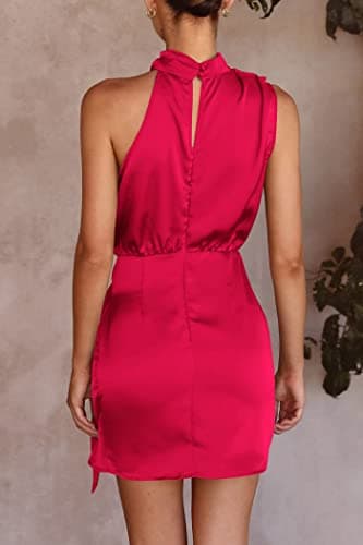 PRETTYGARDEN Women's Short Formal Satin Dress Summer Sleeveless Mock Neck Tie Waist Cocktail Party Dresses (Red,XX-Large) - Thumbnail 5