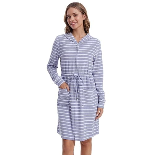 Navisting Women Terry Cloth Zipper Robe Zip Up Bathrobes with Pockets Hooded Cotton Housecoat Nightgown Loungewear Sleepwear Blue-Gray & White Stripe S - Image 1