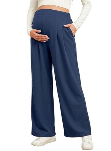 BLENCOT Women Maternity Work Pants Elastic High Waist Dressy Casual Stretchy Trousers Straight Leg Plus Size Pregnancy Workout Long Joggers Clothes with Pockets XX-Large Navy Blue - Image 1