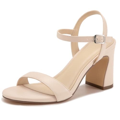 XMWEALTHY Women's Nude High Heels Chunky Block Heeled Sandals Open Toe Ankle Strap Summer Dress 3-Inch Dance Heels for Wedding Prom Size 7.5 - Image 1