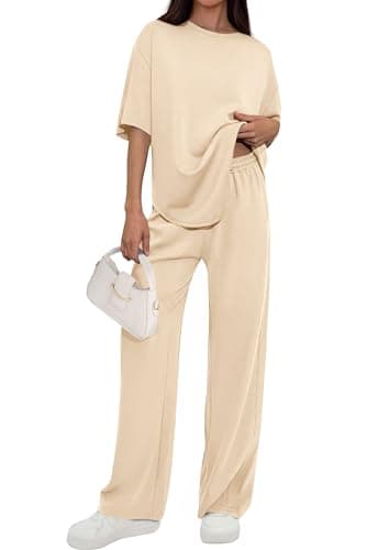 PRETTYGARDEN 2 Piece Lounge Sets for Women Summer 2026 Short Sleeve Matching Airport Travel Outfits Casual Spring Clothes (Beige,Medium) - Image 1