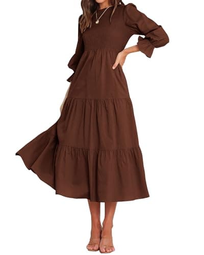 BTFBM Women Casual Long Sleeve Dress Fall Dresses 2025 Solid Color Relaxed Fit Smocked Tiered Flowy Boho Long Dresses(Solid Coffee,Large) - Image 1