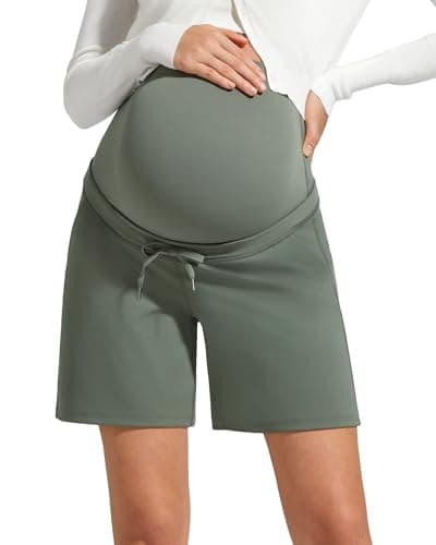 G4Free Pregnancy Shorts Over Bump Drawstring Postpartum Shorts with Pockets Summer Maternity Workout Yoga Casual(Gray Sage,L) - Image 1