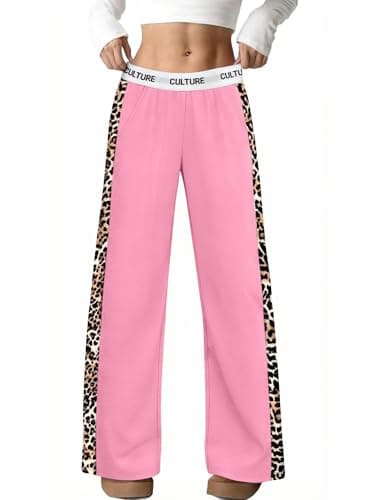 PEFYERVERY Women Baggy Pants Leopard Print Block Side Teen Wide Leg Open Bottom Sweatpants Teen Y2K Elastic Waistband Trendy Trousers Pink XL - Image 1