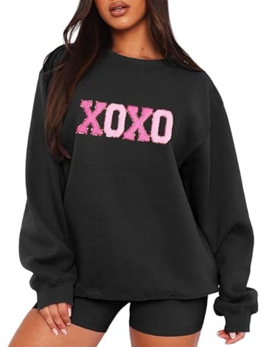 MAPICK Valentine's Day Oversized Sweatshirt for Womens Letter Printed Sweaters Tops Embroidered Chenille Shirt(Black,Medium) - Image 1