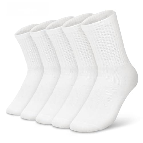 Kagcre Cotton Cushioned Crew Socks 5 Pairs, Women Men Athletic Casual Socks, Striped Retro Socks, Cozy Soft Moisture-Wicking Socks for Gym, Work, Everyday (Solid White) - Image 1