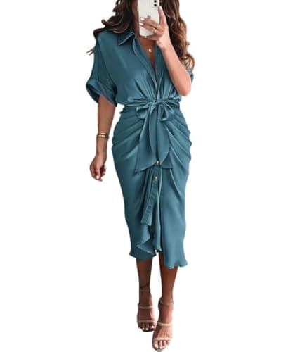 BTFBM Shirt Dresses for Women Spring Button Short Sleeve Silk Satin Ruched Maxi Summer Dress 2026 Cocktail Party Wedding(Blue Green, Small) - Image 1