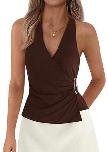 PRETTYGARDEN Womens Halter Top 2026 Spring Tie Wrap Sleeveless Ruched V Neck Fitted Summer Tops Backless Fashion Y2k Clothes (Brown,Small) - Image 1