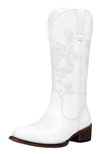 Jeossy Women's White Cowboy Mid Calf Boots, Cute Boot with Embroidery Flower, Low Heel Western Cowgirl 9807 Boot, Comfy Riding Round Toe Boots with Side Zipper, Size 10 US(DJY9807 White 10) - Image 1