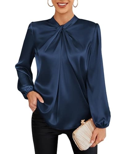 GRACE KARIN Satin Blouses for Women Silky Shirts Mock Neck Long Lantern Sleeve Casual Loose Office Work Tops Navy Blue 2XL - Image 1