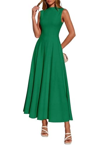 BTFBM Summer Dresses for Women 2026 Mock Neck Sleeveless High Waist Flowy Aline Maxi Spring Wedding Guest Dress Cocktail(Green, XX-Large) - Image 1