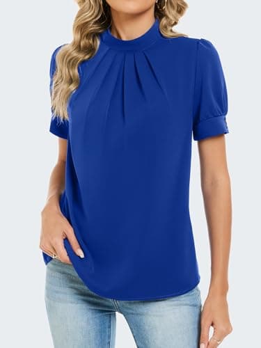 Funlingo Business Casual Tops for Women Short Puff Sleeve Dressy Blouses Business Casual Outfits Spring Work Shirts Professional Royal Blue L - Thumbnail 2